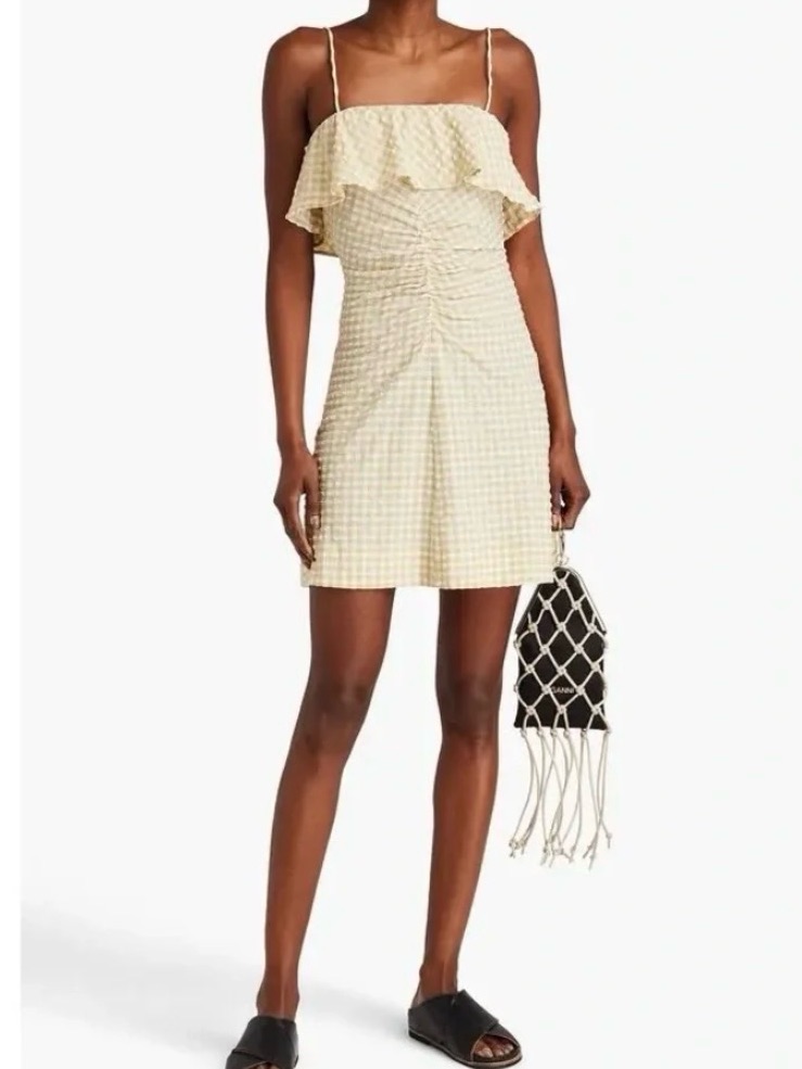 Ganni Pale Khaki Ruched Gingham Seersucker Midi Dress Eu 38 Rush Week
